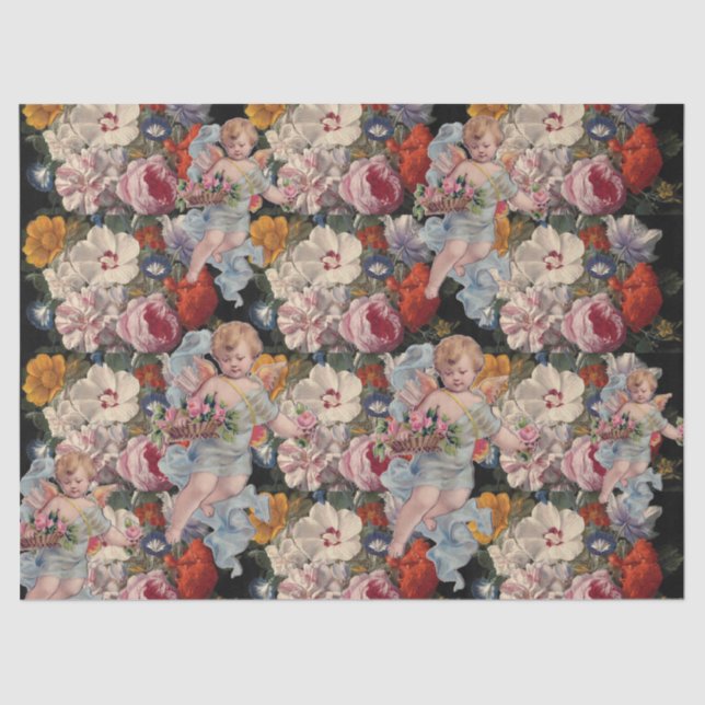 PAPEL DE SEDA ANJO ROMÂNTICO COLHENDO ROSAS E FLORES ROSAS (Frente )