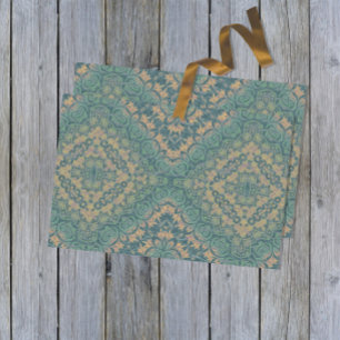 Papel De Seda Antigo Damask Boho Teal E Beige, Afastado