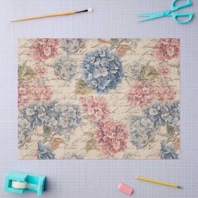 Papel De Seda Antique Blue and Pink Hydrangea Ephemera Script  (Arte )