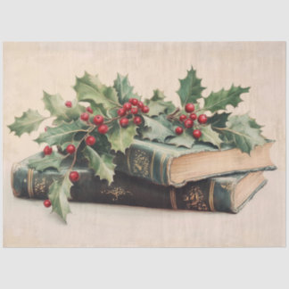 Papel De Seda ANTIQUE BOOKS WITH HOLLYBERRIES Vintage Christmas