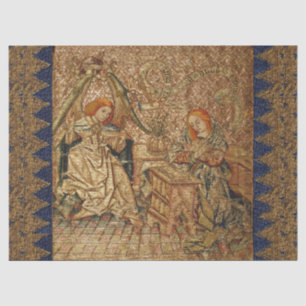 PAPEL DE SEDA ANUNCIAÇÃO ANTIGA EMBROIDERIA AZUL DOURADA