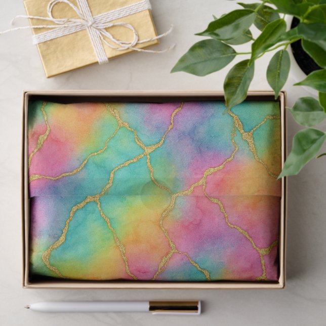 Papel De Seda Aqua Turquoise Blue Pink Yellow Purple Gold Marble (Presente)