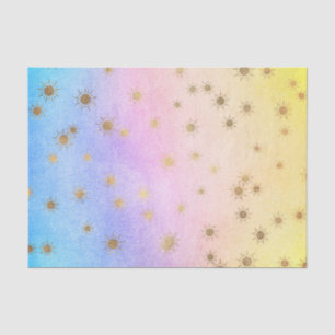 Papel De Seda Aquarela Arco-íris Pastel com sóis dourados