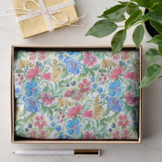 Papel De Seda Aquarela Azul Rosa Flores Jardim Colorido em Flor