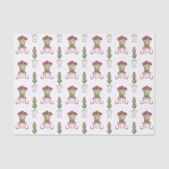 Papel De Seda Aquarela Borgonha Amaryllis e Natal Topiário (Frente )