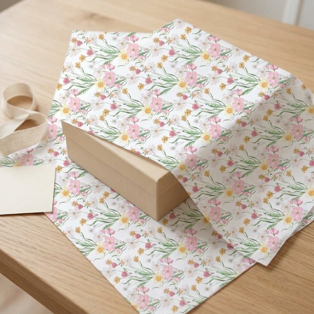 Papel De Seda Aquarela de Flor Silvestre Rosa (Pink and Green Wildflower Pattern Tissue Gift Wrapping Paper)
