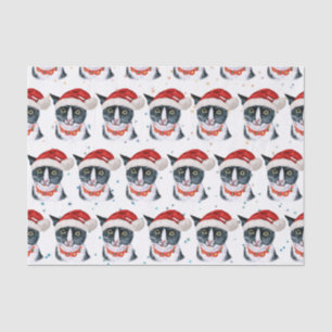 Papel De Seda Aquarela de Gato Preto e Branco Engraçado de Natal