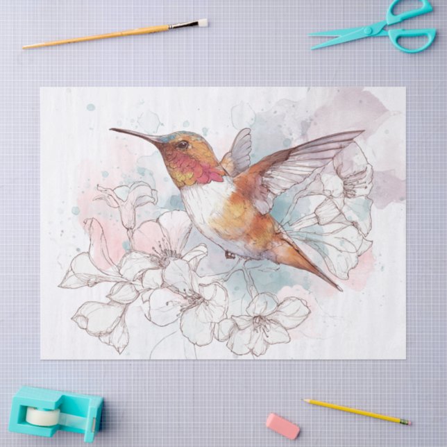 Papel De Seda Aquarela de Linha Floral de Beija-flor (Arte )