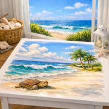 Aquarela de Praia com Tartaruga Marinha