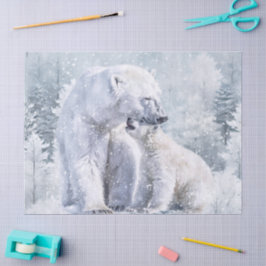 Papel De Seda Aquarela de Urso Polar e Filhote
