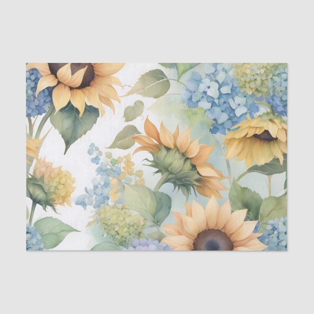 Papel De Seda Aquarela Elegante de Girassóis e Hydrangeas (Frente )