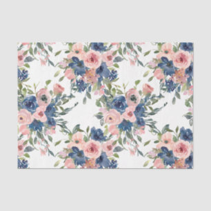Papel De Seda Aquarela Floral Azul Marinho e Rosa