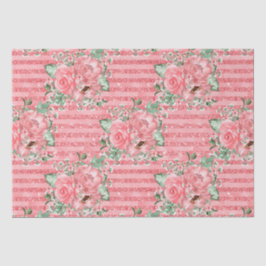 Papel De Seda Aquarela Flores Rosas Cor-de-Rosa & Listras com Br