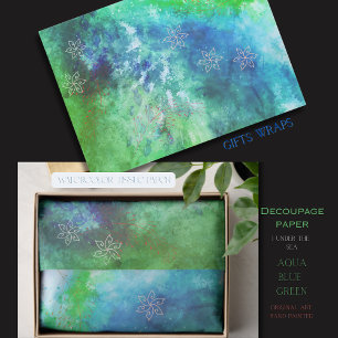 Papel De Seda Aquarela Mágica Azul Verde Aquático Sob o Mar