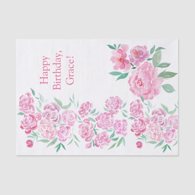 Papel De Seda Aquarela Rosa Pintado Feliz Aniversário Personaliz (Frente )