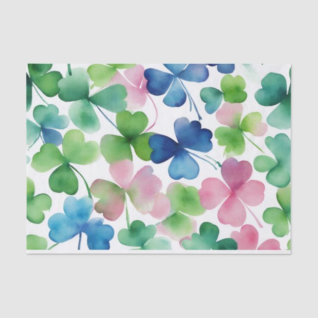 Papel De Seda Aquarela Trevo de Três Folhas Rosa Verde Azul (Frente )