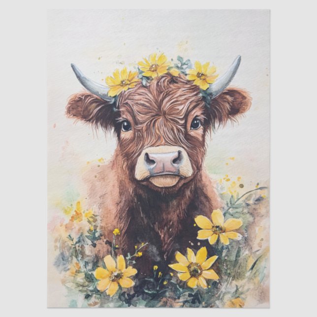 Papel de Seda Aquarela Vaca das Terras Altas Flor  (Frente )