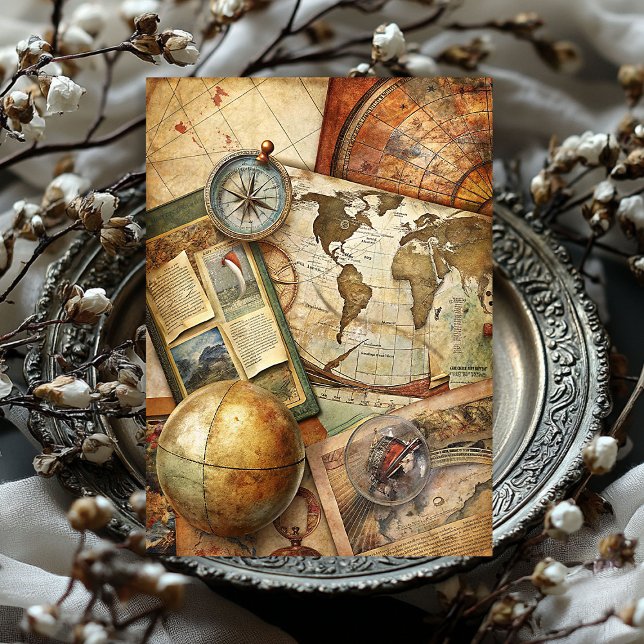 Papel De Seda Aquarela viagem retro compõe fotos antigas de mapa (Watercolor travel retro compass old map photos tissue paper)