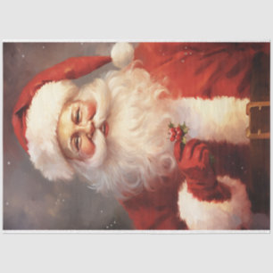 Papel De Seda Aquarelas clássicas do Papai Noel sorrindo chapéu 