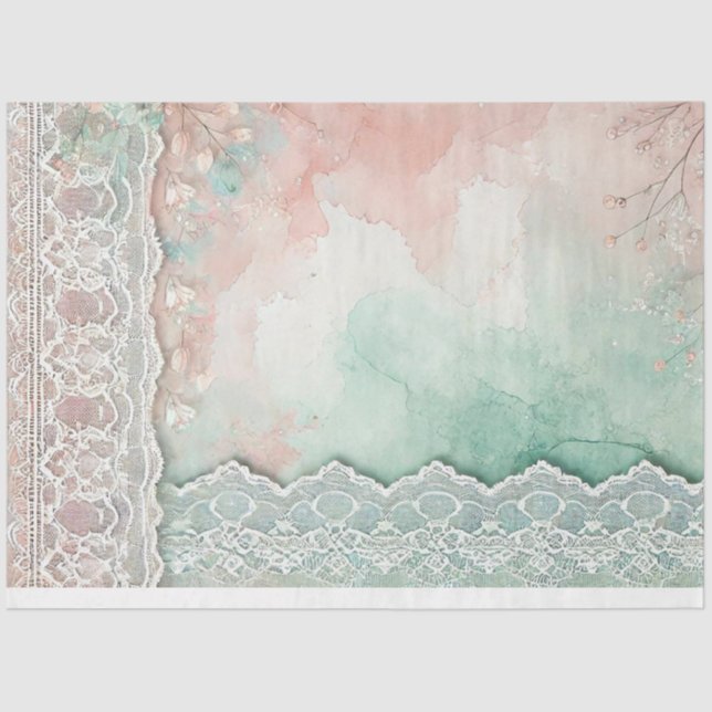 Papel De Seda Aquarelas de Pêssego e Verde e Renda (Frente )
