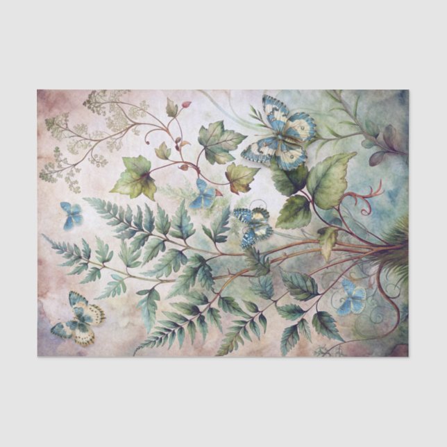 Papel De Seda Aquarelas Etéreas Botânicas Samambaias & Borboleta (Frente )
