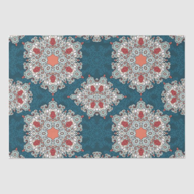 Papel De Seda Arábico Boho Elegante Geométrico Retro Teal marroq (Frente )