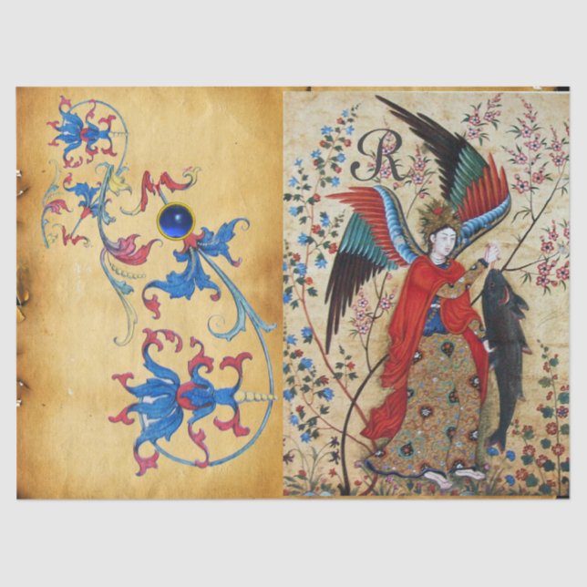 PAPEL DE SEDA ARCHANGEL RAPHAEL E PEIXE PARCHA FLORAL AZUL (Frente )