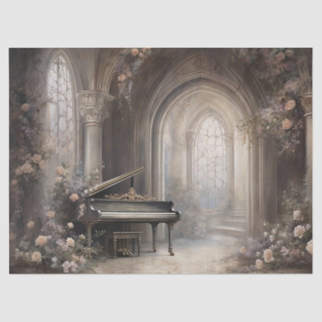 Papel De Seda Arco Gótico com Decoupage de Piano e Flores (Frente )