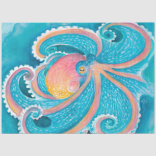 Papel De Seda Arco-Íris Octopus tentáculos Kraken Teal Watercolo