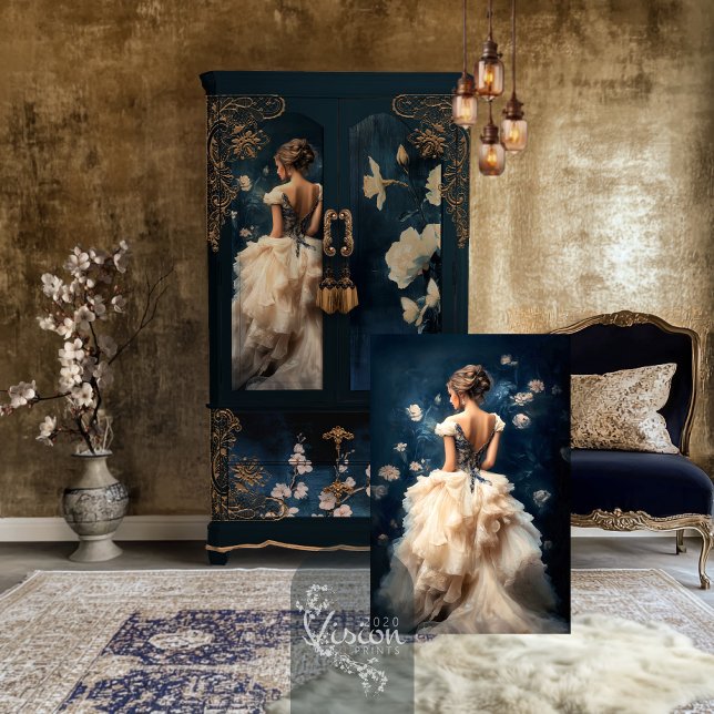 Papel De Seda Aristocrat Lady Elegant Marinho Retrato Azul (Aristocrat Elegant Lady standing & bouffant dress Portrait & ethereal floral decoupage tissue paper.)