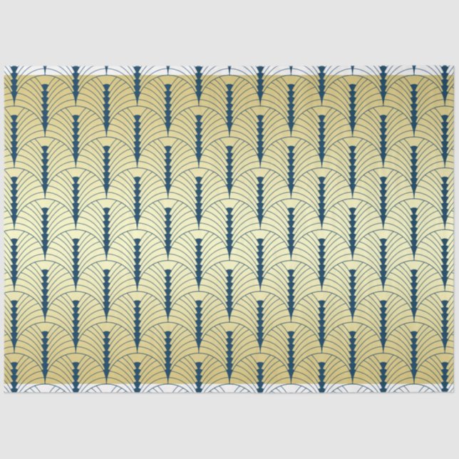 Papel De Seda Art Deco Casamento Dourado Padrão Azul Palmetto (Frente )