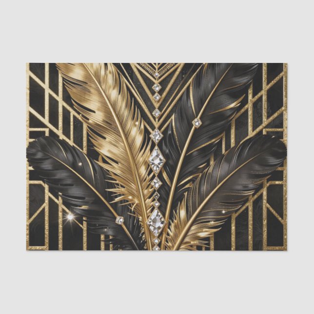 Papel De Seda Art Deco Preto Dourado Penas (Frente )