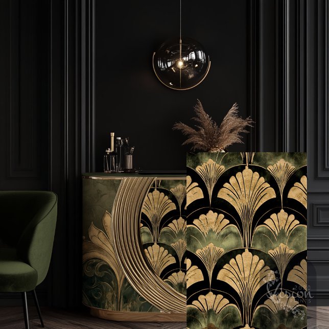 Papel De Seda Art Deco Repetir Ouro padrão gravado (Art Deco Gold embossed Repeat Pattern, blended green tile background art decoupage tissue paper.)