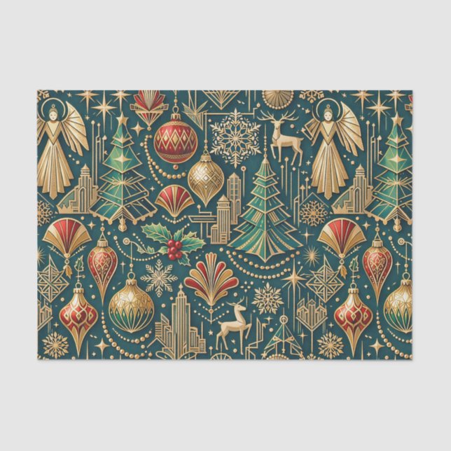 Papel De Seda Art Deco Teal Gold Christmas Ornament Illustration (Frente )