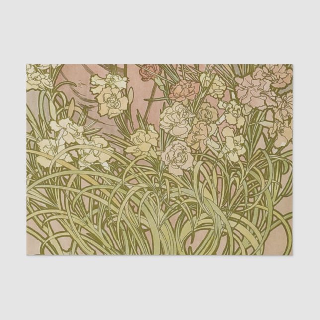 Papel De Seda Art Nouveau Alfonse Mucha Flores de cravo florais (Frente )