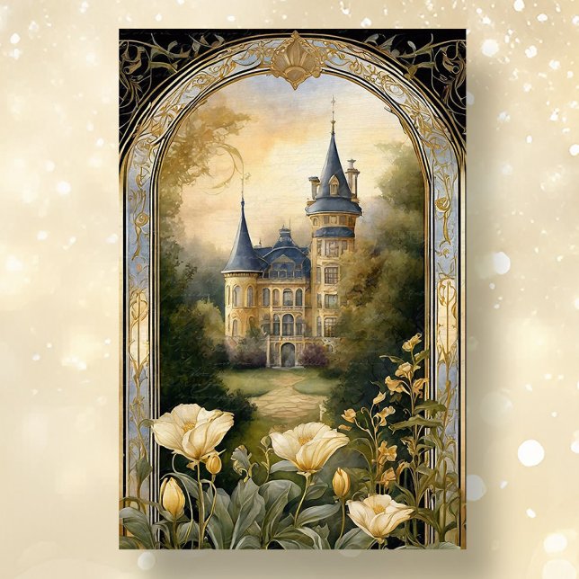 Papel De Seda Art Nouveau Castelo Floral Blue n Ephemera Dourada (Criador carregado)