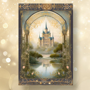 Papel De Seda Art Nouveau Castle Rococo Marinho Dourado Ephemera
