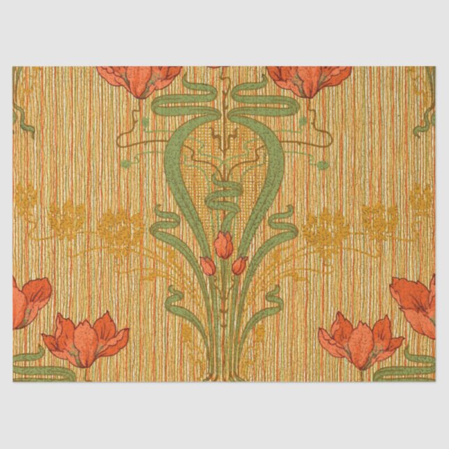 Papel De Seda Art nouveau elegant floral poppy red gold green  (Frente )