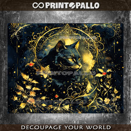 Papel De Seda Art Nouveau gato preto com flores ouros