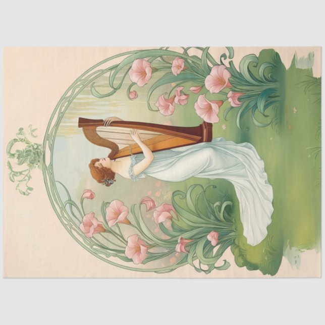 Papel De Seda Art Nouveau Lady With Harp Decoupage Paper (Frente )