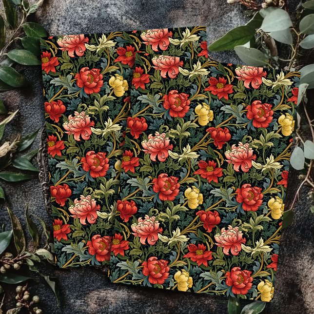 Papel De Seda Art nouveau Morris flores amarelas vermelhas sage  (Art nouveau Morris red yellow flowers sage blue Tissue Paper)