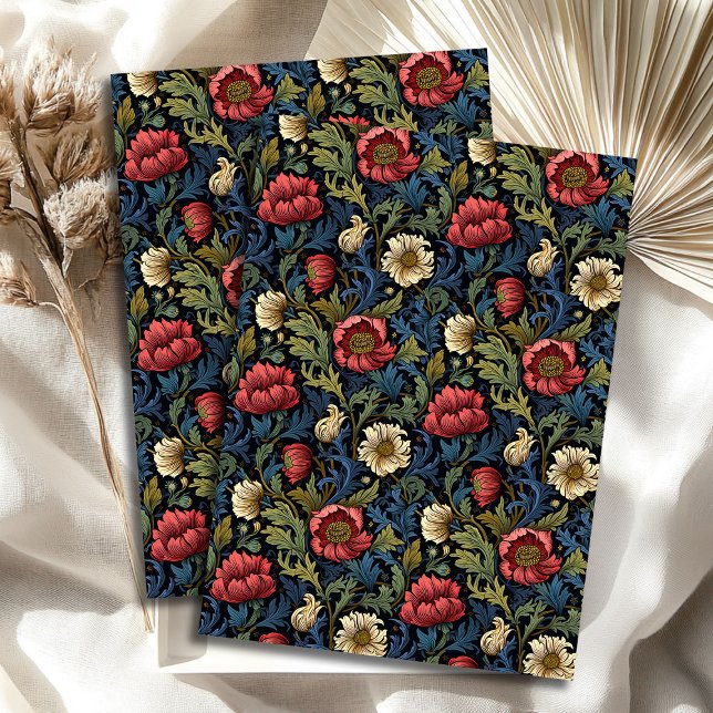 Papel De Seda Art nouveau Morris flores brancas vermelhas azul p (Art nouveau Morris red white flowers pastel blue Tissue Paper)