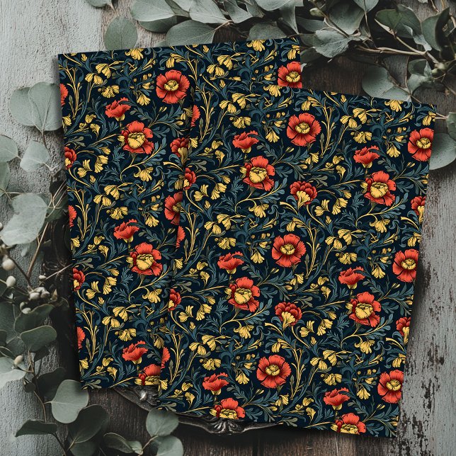 Papel De Seda Art nouveau Morris marinho de ouro vermelho azul (Art nouveau Morris red gold pastel navy blue Tissue Paper)