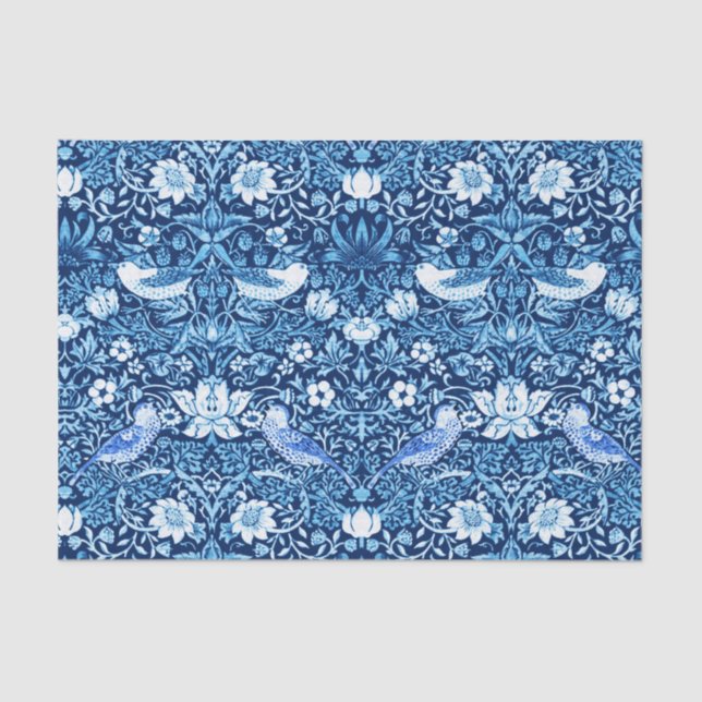 Papel De Seda Art Nouveau Pássaro e Flor, Azul Escuro (Frente )