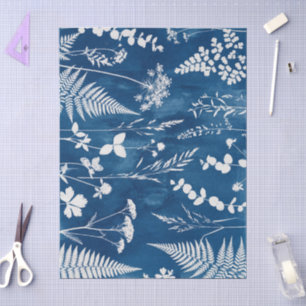 Papel De Seda Arte Botânica de Samambaia em Azul Cianotipo Pruss