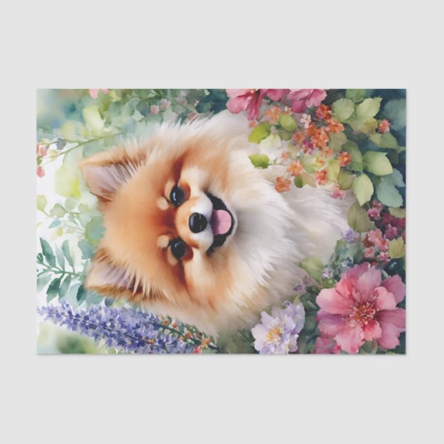 Papel De Seda Arte Canina Floral de Aquarela da Pomerânia (Frente )
