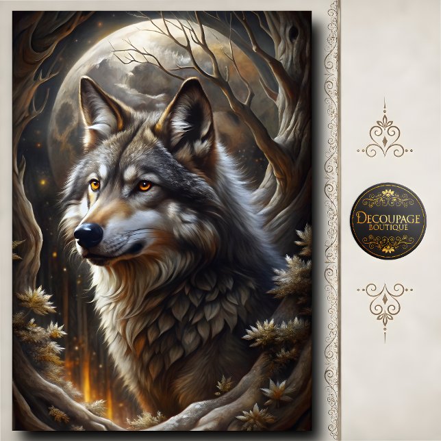 Papel De Seda Arte da Floresta de Fantasia da Lua Cheia do Lobo  (Gray Wolf Full Moon Fantasy Forest Art Tissue Paper)