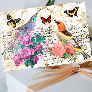 Papel De Seda Arte de Aves Vintage, Flores - Letras Velhas - Des