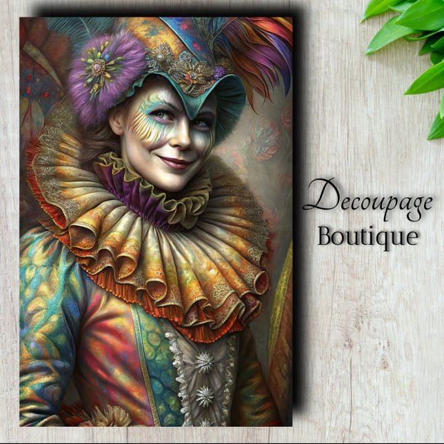 Papel De Seda Arte de Decoupage Encantadora Palhaça Senhora Harl (Enchanting Harlequin Lady Clown Decoupage Tissue Paper)