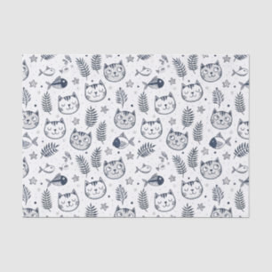 Papel De Seda Arte de Padrão de Rosto de Gato Minimalista e Folh